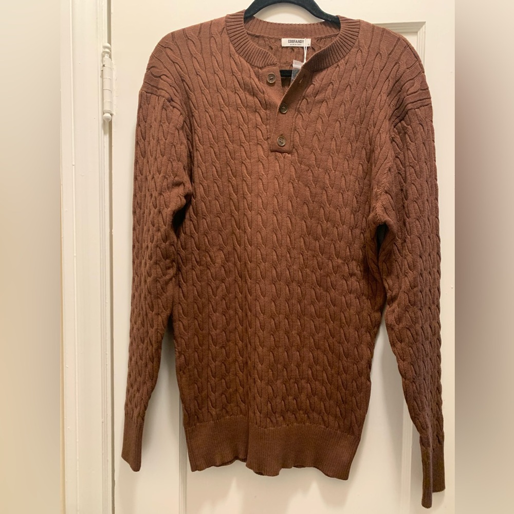 NWT MENS PULLOVER RUST/BROWN HENLEY 3-BUTTON SWEATER BY COOFANDY IN SIZE M